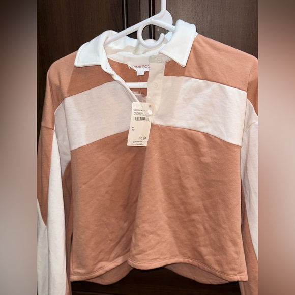 NWT Pink Rose Peach and White Cropped Dugby Shirt - Picture 6 of 6